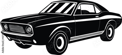 Vector art of black and white illustration of the side view of a classic american muscle car with racing stripes