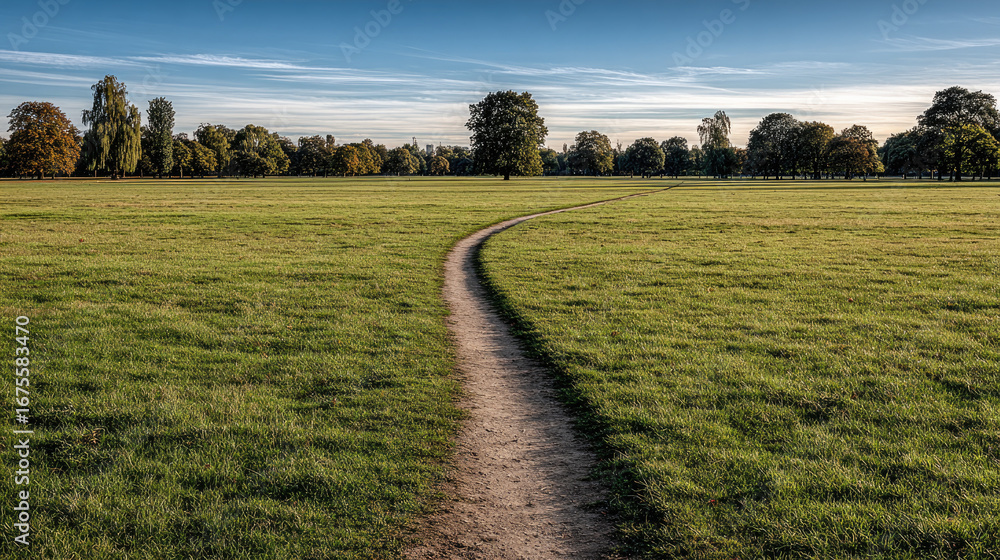 Fototapeta premium Green grass field with winding dirt path under blue sky