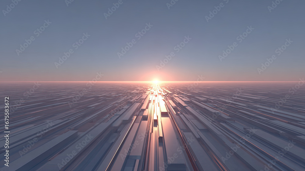 Fototapeta premium Sunset over futuristic metallic surface with reflective panels