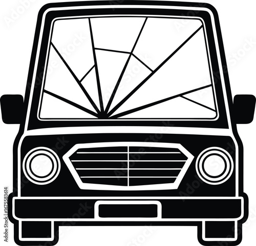 Vector art of black and white illustration of a cars windshield with a spiderweb crack pattern, symbolizing damage or accident