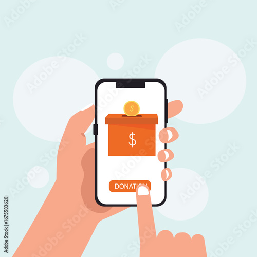 Hand holding smartphone online donation with gold coin, donation box and donate button on smartphone screen, Donation money for charity online. vector illustration