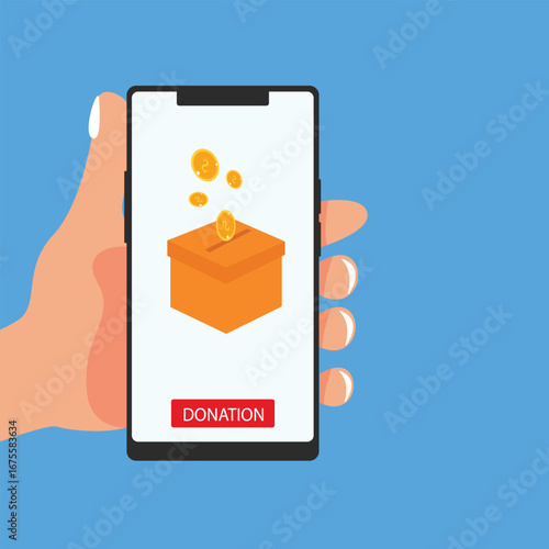 Hand holding smartphone online donation with gold coin, donation box and donate button on smartphone screen, Donation money for charity online. vector illustration