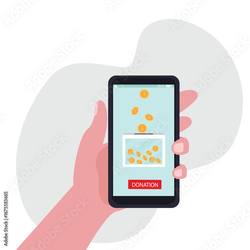 Hand holding smartphone online donation with gold coin, donation box and donate button on smartphone screen, Donation money for charity online. vector illustration