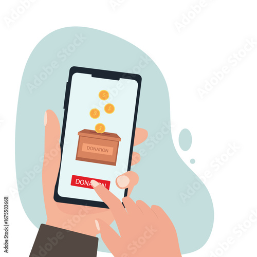 Hand holding smartphone online donation with gold coin, donation box and donate button on smartphone screen, Donation money for charity online. vector illustration