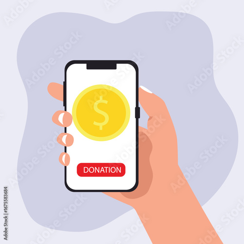 Hand holding smartphone online donation with gold coin, donation box and donate button on smartphone screen, Donation money for charity online. vector illustration