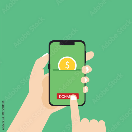 Hand holding smartphone online donation with gold coin, donation box and donate button on smartphone screen, Donation money for charity online. vector illustration