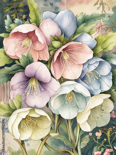 Wallpaper Mural A watercolor painting of hellebores with pink purple and white pastel colors Torontodigital.ca