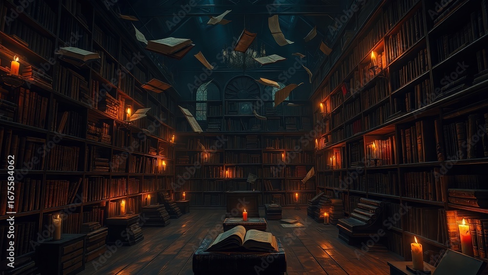 Fototapeta premium A grand library with countless books, candles, and a sense of wonder