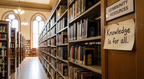 Library Interior with Bookshelves, Arched Windows, and 
