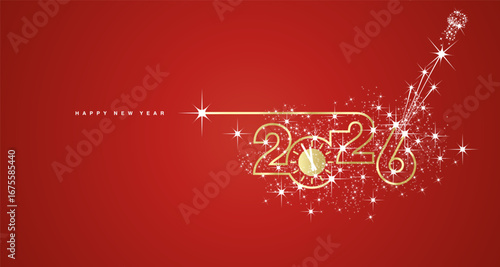 2026 Happy New Year. Clock countdown. 2026 in the form of a line design with champagne cork with shining sparkle firework golden white red banner vector