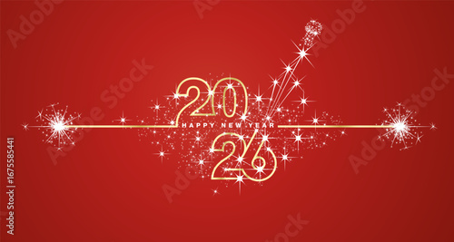 Happy New Year 2026 eve line design loading sparkle firework open champagne golden white red vector wallpaper greeting card