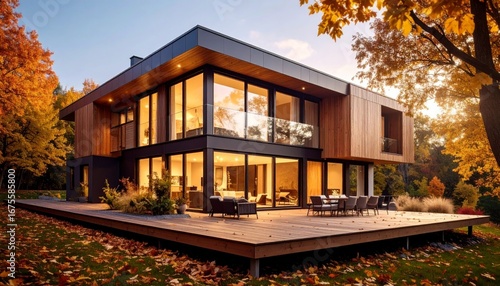 A photorealistic modern country house with large glass windows and wooden finish, surrounded by golden autumn trees and fallen leaves. Captured during sunset. ai generated image