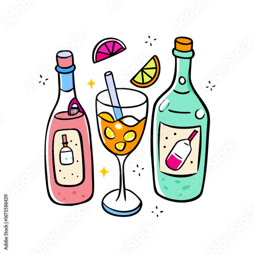 Collection of stylized digital illustrations and 3D renders of refreshing drinks and beverages.