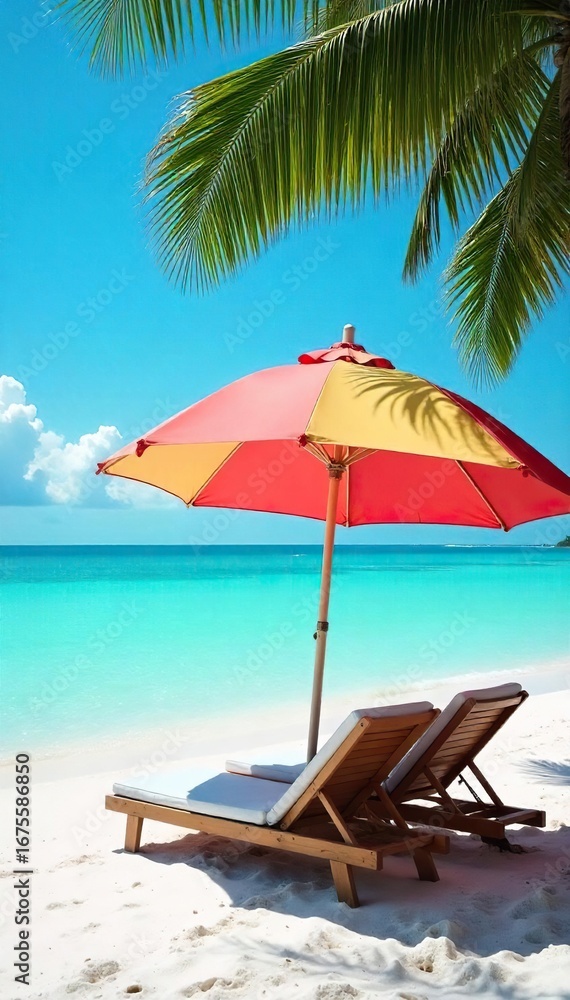 Obraz premium Relaxing Bahamas beach scene with vibrant umbrella providing shade on pristine white sand and turquoise water Perfect for travel, vacation, and tropical getaway themes , white, island, ocean