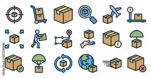 Package delivery service icon set related to shipping, parcel, box, distribution, commerce, logistic, cargo, and others. vector illustration with lineal color style