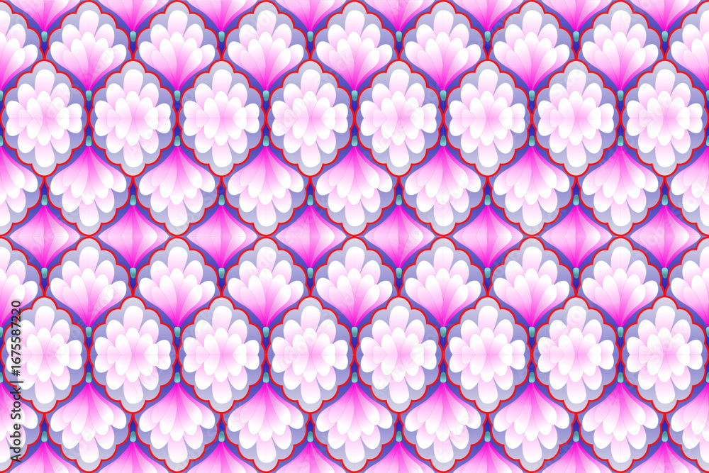 Fototapeta premium Stylish seamless floral diamond pattern in pink and purple gradients. Ideal for fabric, wallpaper, gift wrap, and digital projects.