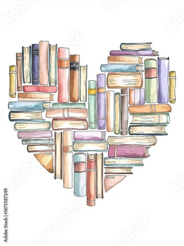 Heart shape formed by stacked books with pastel colors against white backdrop