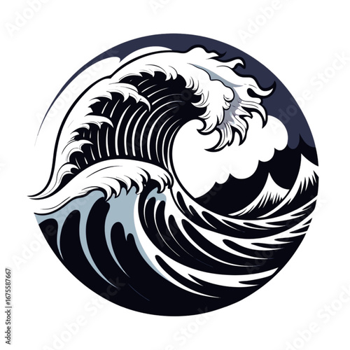 Tattoo Style Vector Illustration of a Powerful Ocean Wave in a Circle.