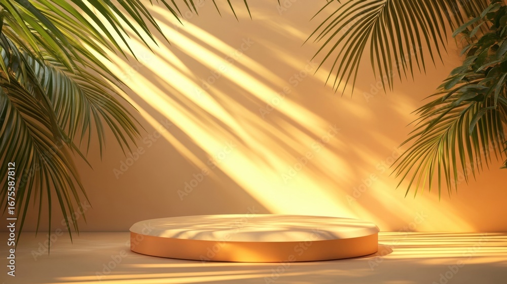 Obraz premium Sunlit Palm Stage Product Display Mockup.