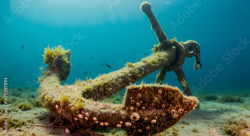 Underwater anchor covered in marine growth resting on the seafloor