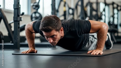 Athletic Man Performing Push-Ups On A Black Mat In A Gym Setting During Strength Training