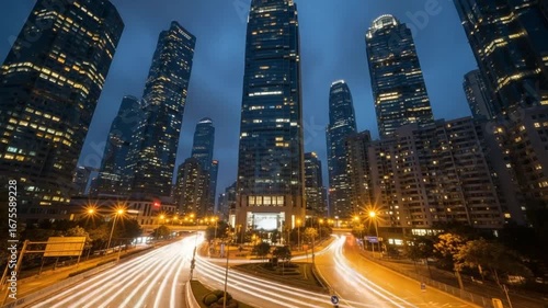 Night Cityscape with Light Trails in Urban District Featuring Modern Architecture and Illuminated Buildings With a Long Exposure