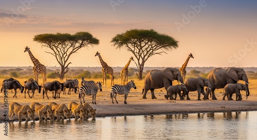 Majestic African wildlife gather at a watering hole at sunrise, showcasing giraffes, zebras, elephants, and lions in a serene, golden light.