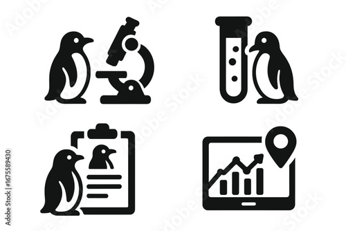 Penguin science and research vector icon set. Flat glyphs for biology, ornithology, lab analysis. Includes microscope, test tube, animal profile, and location data tracking chart.