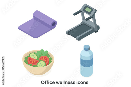 Office wellness isometric vector icon set. Employee wellbeing program elements. Healthy lifestyle, fitness, exercise, nutrition concepts. Yoga mat, treadmill, salad, water bottle.