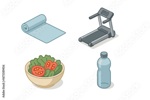 Office wellness program isometric icons. Healthy lifestyle concept with yoga mat, treadmill, salad, water bottle. Corporate health, fitness and nutrition vector illustration.