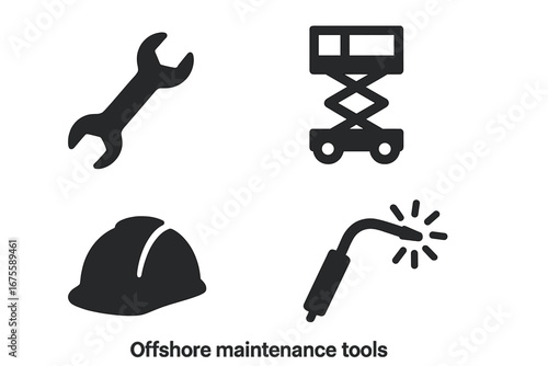 Offshore maintenance tools icon set for wind energy. Vector solid glyphs of wrench, scissor lift, welding torch, safety helmet. Industrial repair and construction concept.