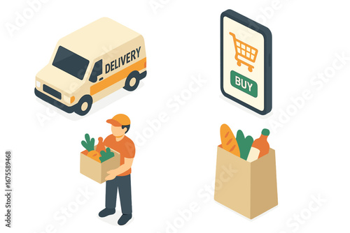 Isometric online grocery shopping icon set. Food delivery service concept with courier, van, and smartphone app. E-commerce for supermarket home delivery. Vector icons.