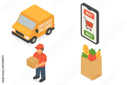 Online grocery delivery service isometric icon set. Food shopping app concept. Supermarket e-commerce, delivery van, courier with box, and grocery bag vector icons.