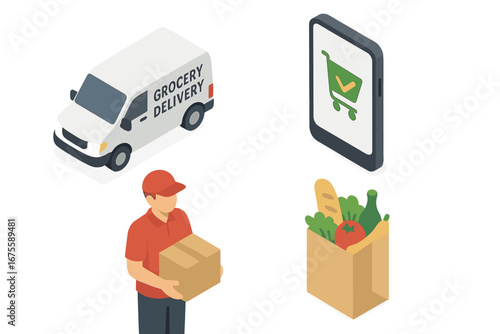 Isometric online grocery delivery icon set. E-commerce food shopping concept with delivery van, courier, smartphone app, and groceries. Supermarket home delivery vector.