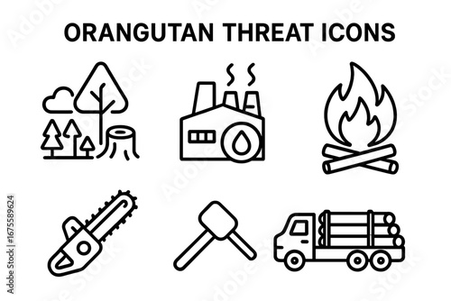 Orangutan threats icon set. Vector outline symbols of deforestation, palm oil industry, forest fire, and logging. Environmental conservation and endangered animal concepts.