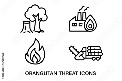 Orangutan threat outline icon set. Vector symbols of habitat destruction. Deforestation, palm oil factory, forest fire, logging truck, and chainsaw. Environmental conservation concept.