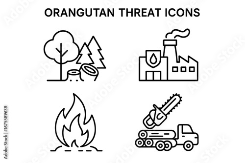 Orangutan threat outline icon set. Vector concepts of deforestation, palm oil industry, forest fires, logging. Symbols for environmental conservation and habitat destruction.