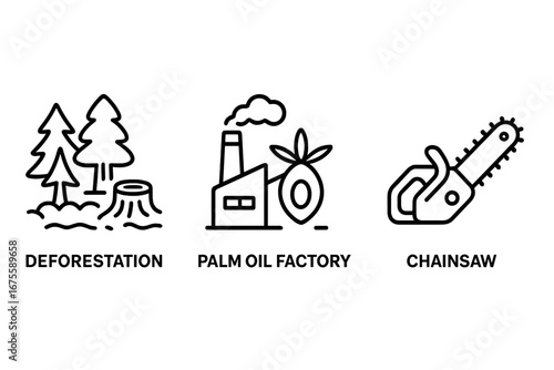 Orangutan threat icons. Outline vector icon set of deforestation, palm oil factory, and chainsaw. Concepts for habitat loss, environmental destruction, conservation, climate change.