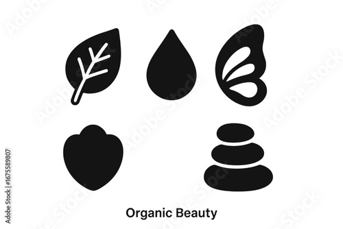 Organic beauty glyph icon set. Natural spa, wellness concepts. Solid vector icons of leaf, dew drop, butterfly wing, petal, zen stones. For cosmetics, therapy, relaxation.