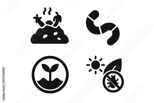 Organic farming vector icon set. Icons for sustainable agriculture: compost, fertilizer, earthworm, soil health, seedling growth, and natural pest control. Eco friendly concept.