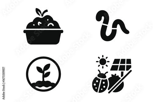 Organic farming solid icons. Sustainable agriculture symbol set. Eco friendly compost, earthworm for healthy soil, natural pest control with ladybug, solar energy pictogram.