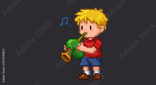 A pixelated illustration of a young boy playing a green musical instrument, creating music.