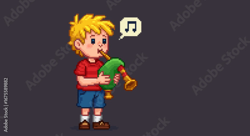 Pixel art of a boy playing a bagpipe, expressing joy and musicality.
