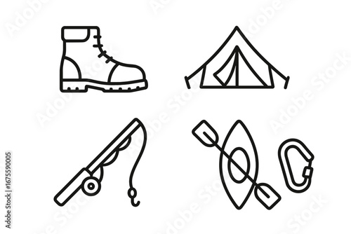 Outdoor adventure and hobby icon set. Linear icons for camping, hiking, fishing, kayaking and climbing. Minimalist vector symbols for travel and leisure activities.