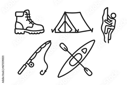Outdoor adventure icon set. Vector line art symbols for hiking, camping, rock climbing, fishing, and kayaking. Hobbies, sports, and recreation concept. Simple outline illustration.