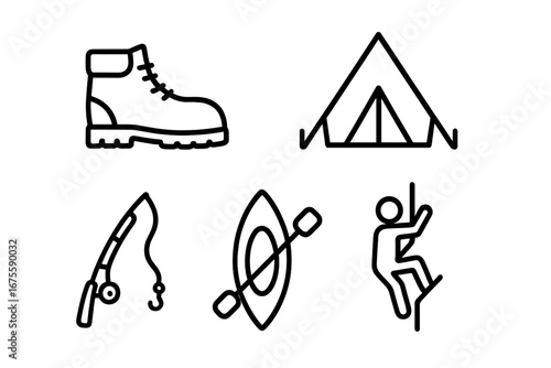 Outdoor adventure line icon set. Hiking boot, camping tent, fishing rod, kayak, and rock climbing symbols. Vector graphic for active travel, tourism, and recreational hobbies.