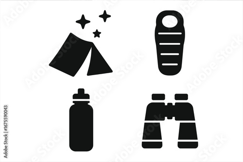 Camping icon collection. Solid glyph icons for outdoor adventure. Vector set includes tent, sleeping bag, binoculars, water bottle. For hiking, travel, exploration design.