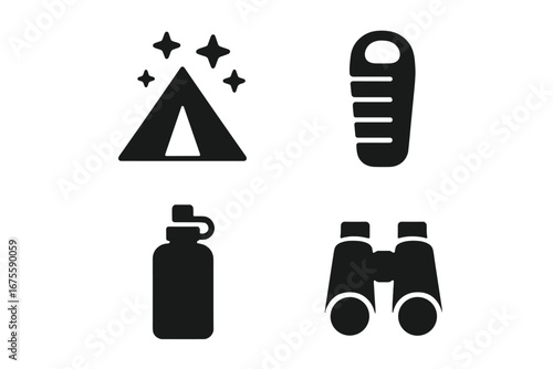 Outdoor adventure icon set. Solid glyph symbols for camping, hiking, travel. Equipment collection: tent, sleeping bag, water bottle, binoculars. Vector graphic for exploration.