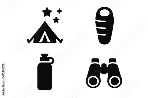 Camping gear icon set. Outdoor adventure symbols. Solid glyphs for hiking, trekking, exploration. Tent, sleeping bag, binoculars, water bottle. Vector illustration pack.
