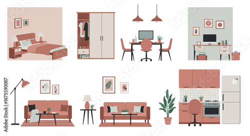 Illustrative depictions of various rooms in a modern house, showcasing furniture and decor.
